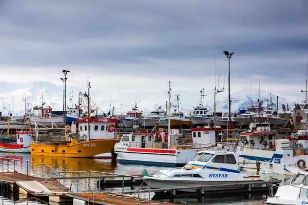 Traditionele walvis kijken boten liggen in de haven van Husavik — Stockfoto