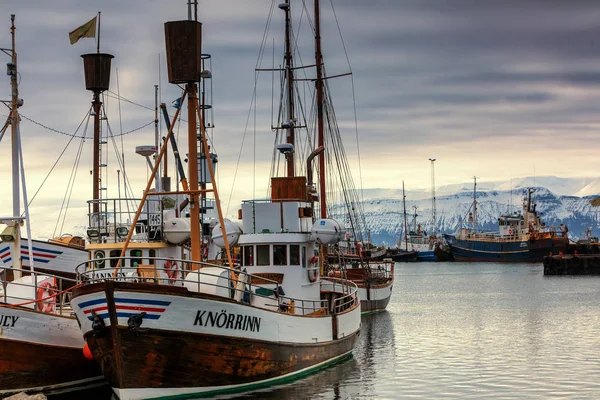 Traditionele walvis kijken boten liggen in de haven van Husavik — Stockfoto