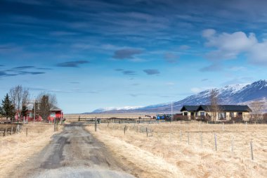 Tipik İzlanda manzara yol ve dağ.