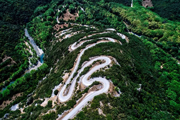 Aerial view of the provincial with many zigzag road in the Epiru — Stock Photo, Image