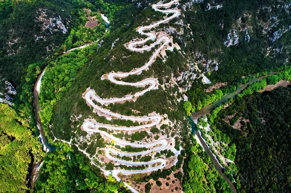 Aerial view of the provincial with many zigzag road in the Epiru — Stock Photo, Image