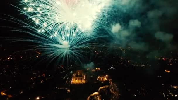 Feuerwerk Explodiert Über Dem Parthenon Tempel Auf Dem Akropolis Hügel — Stockvideo