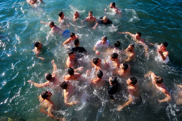 Water ceremony marking the Orthodox Epiphany Day, in port of The — Stock Photo, Image