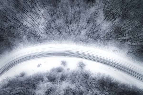 Bir yol ile karlı ormanın havadan görünümü — Stok fotoğraf