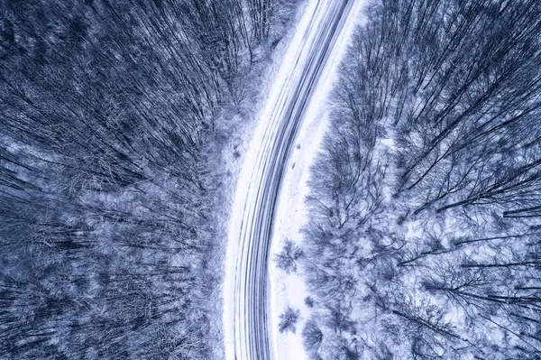 Flygfoto Över Snöiga Skogen Med Väg Området Naoussa Norra Grekland — Stockfoto