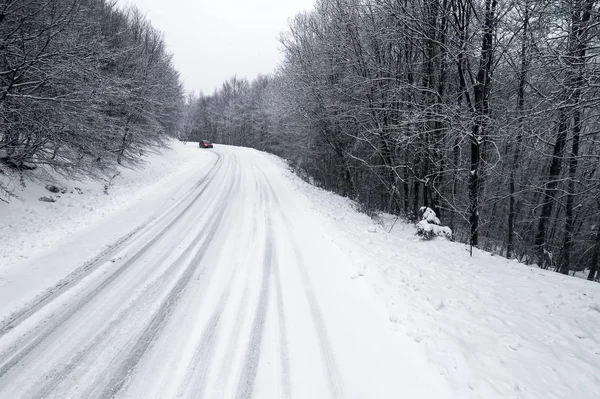 Aerial View Snowy Forest Road Area Naoussa Northern Greece Captured — Stock Photo, Image