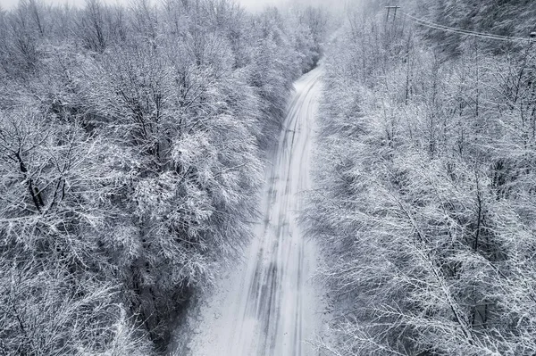 在希腊北部的 有一条道路的白雪皑皑的森林鸟瞰图 从上面捕获的无人驾驶飞机 — 图库照片