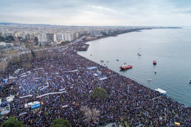 Thessaloniki, Yunanistan - 21 Ocak 2018:Thousands insanlar protesto adı anlaşmazlık EYC Thessaloniki, Yunanistan ile Yunan herhangi bir ödün karşı