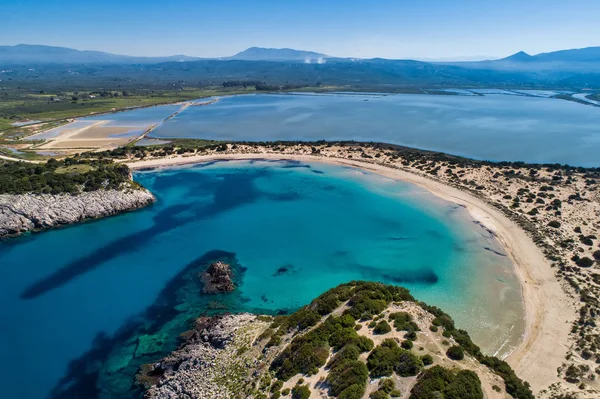 Voidokilia Beach, Voidokilia lagün güzel görünümü, Messinia, Yunanistan bir yüksek noktasından Akdeniz Avrupa'nın en iyi plajlarından panoramik havadan görünümü