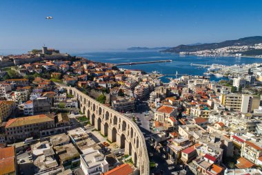 Aerial view the city of Kavala in northern Greek, ancient aquedu clipart