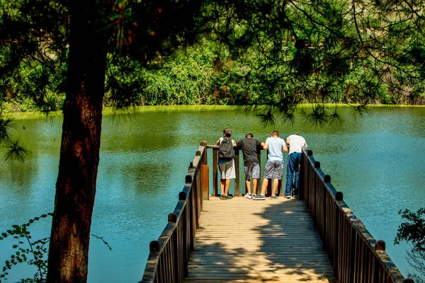 Young Boys Wooden Pier Lake Trees — Stock Photo, Image