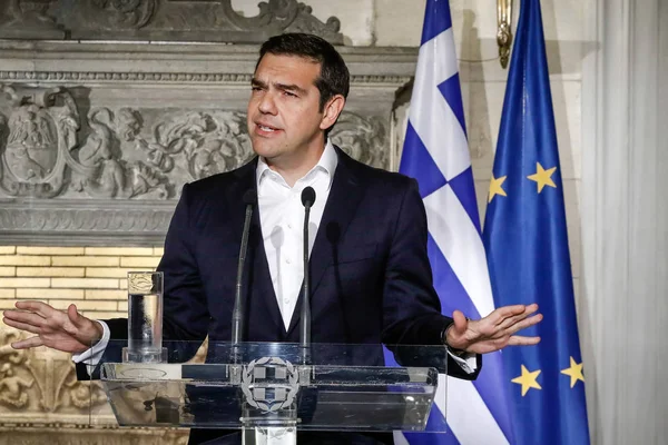 Atenas Grecia Abril 2018 Primer Ministro Griego Tsipras Una Conferencia — Foto de Stock