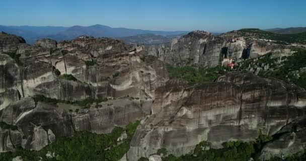 Aerial View Monastery Rousanou Top Cliff Meteora Kalabaka Trikala Greece — Stock Video