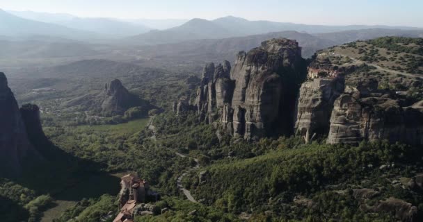 Aerial View Monastery Rousanou Top Cliff Meteora Kalabaka Trikala Greece — Stock Video