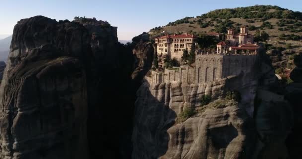 Aerial View Monastery Varlaam Top Cliff Meteora Kalabaka Trikala Greece — Stock Video