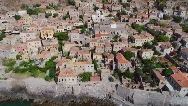 Luchtfoto Van Oude Stad Monemvasia Lakonia Van Peloponnesos Griekenland Monemvasia — Stockvideo
