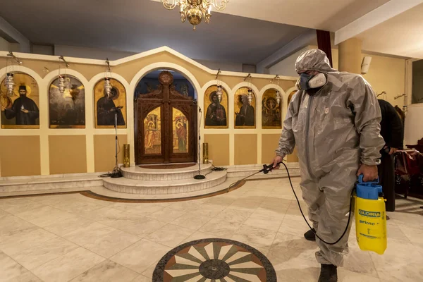 Thessaloniki Greece March 2020 Workers Sprays Disinfectant Part Preventive Measures — Stock Photo, Image