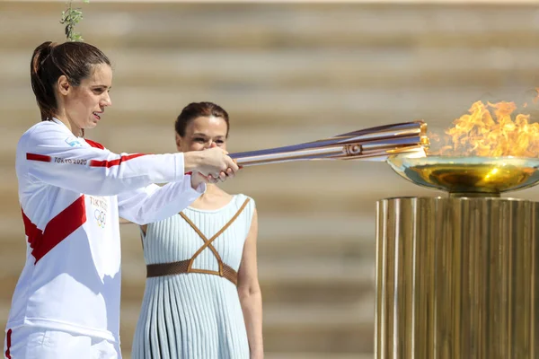 Atenas Grécia Março 2020 Cerimônia Entrega Chama Olímpica Para Jogos — Fotografia de Stock
