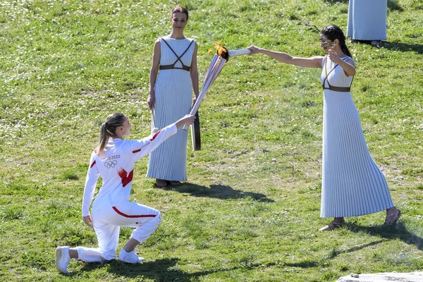 Olimpia Grecja Marca 2020 Ceremonia Przekazania Płomienia Olimpijskiego Letnie Igrzyska — Zdjęcie stockowe