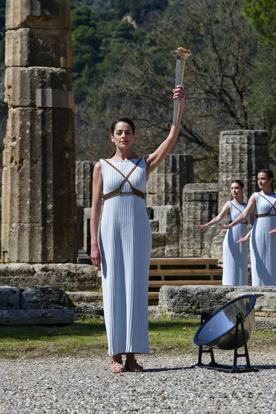 Olympia Grécia Março 2020 Cerimônia Entrega Chama Olímpica Para Jogos — Fotografia de Stock