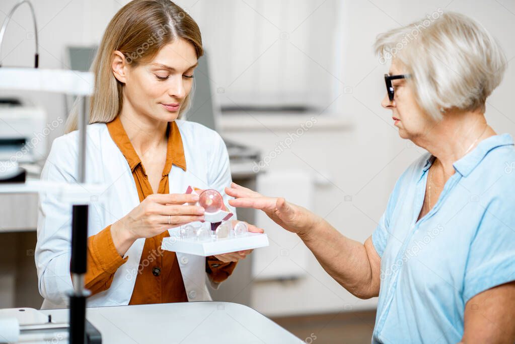 Ophthalmologist consulting a senior patient