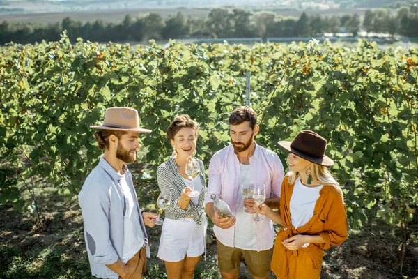 Vrienden proeven wijn op de wijngaard — Stockfoto
