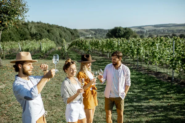 Amici che degustano vino in vigna — Foto Stock