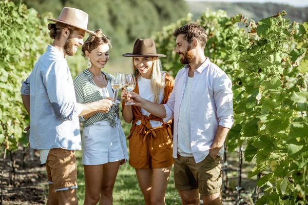 Vänner som provar vin på vingården — Stockfoto