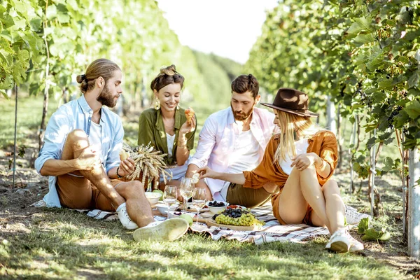 Vrienden op de picknick bij de wijngaard — Stockfoto