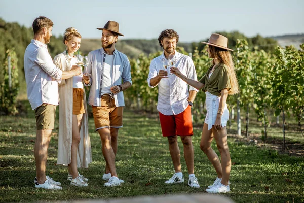 Друзья дегустируют вино на винограднике — стоковое фото