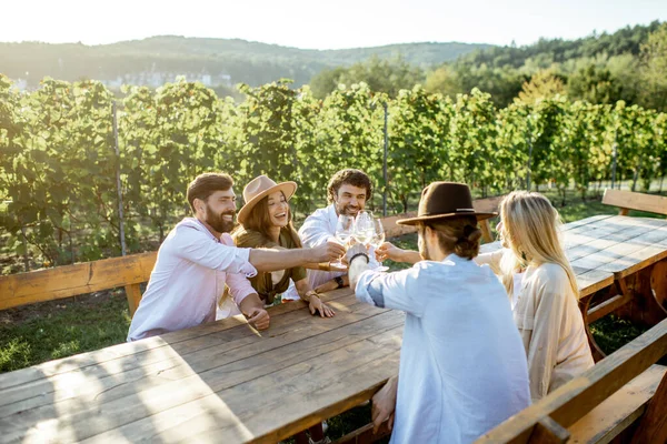 Amici che bevono vino al tavolo da pranzo in vigna — Foto Stock