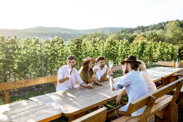 Amigos bebendo vinho na mesa de jantar na vinha — Fotografia de Stock