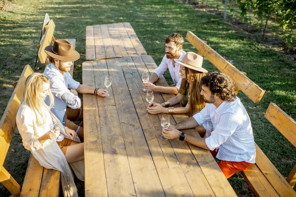 Arkadaşlar üzüm bağındaki yemek masasında şarap içiyorlar. — Stok fotoğraf