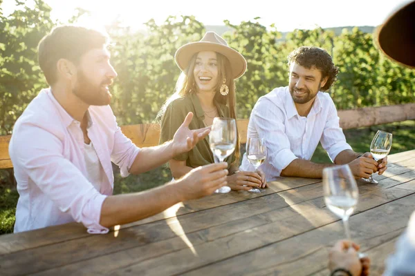 Vrienden die wijn drinken aan de eettafel op de wijngaard — Stockfoto