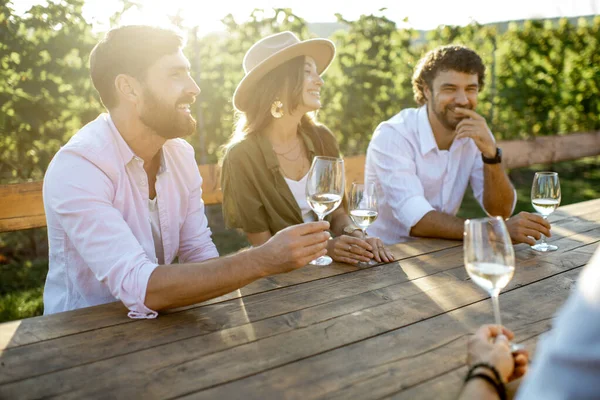 Amigos bebiendo vino en la mesa de comedor en el viñedo —  Fotos de Stock