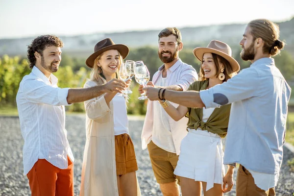 Друзья пьют вино на открытом воздухе — стоковое фото