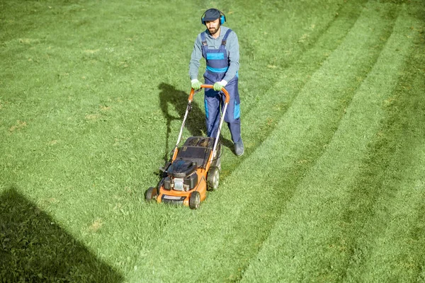 Gardener working with lawn mower on the backyard