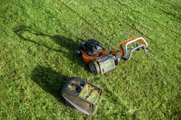 Tondeuse à essence avec panier plein d'herbe à l'extérieur — Photo