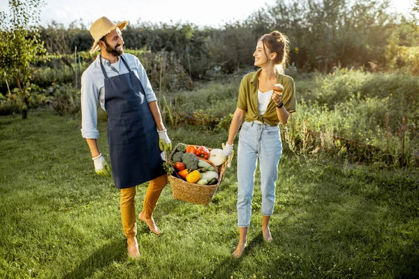 Couple with fresh vegetables in the garden — Stock Photo, Image