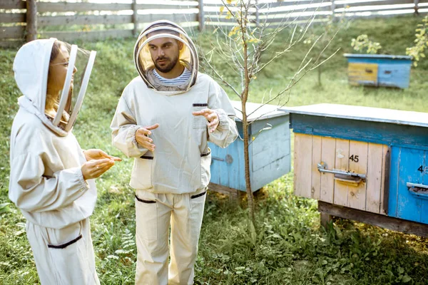 二人の養蜂家が養蜂場で働いて — ストック写真