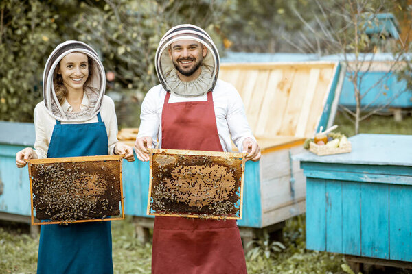 Beekepers with honeycombs on the apiary