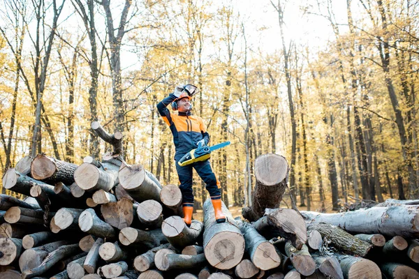 Profesjonalny drwal w lesie — Zdjęcie stockowe