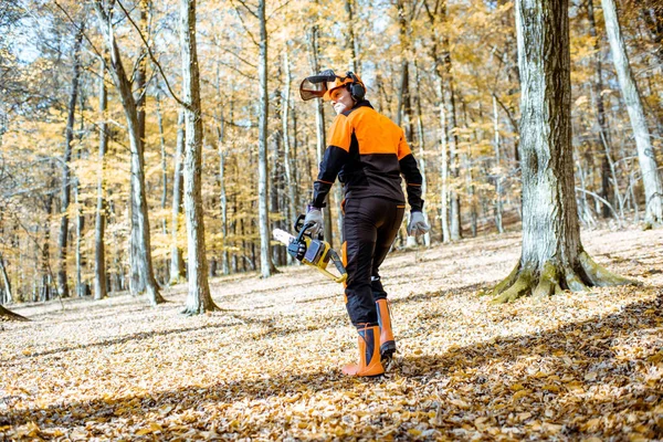 Leñador profesional en el bosque — Foto de Stock