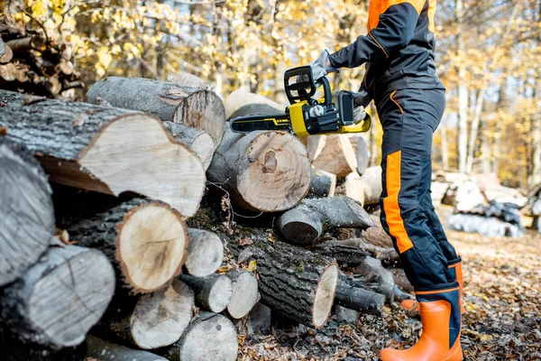 Profesionální dřevorubec v lese — Stock fotografie