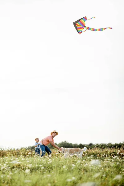 Vader en zoon met vlieger in het veld — Stockfoto