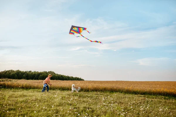 Père et fils avec cerf-volant dans le champ — Photo