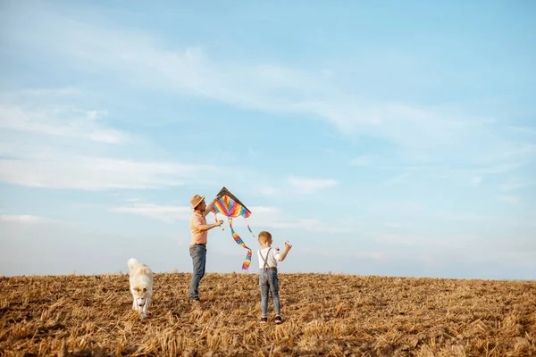 Fother en zoon vlieger op het veld — Stockfoto