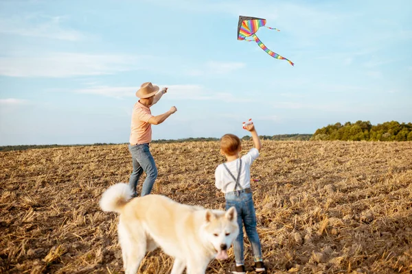 Fother e hijo volando cometa en el campo — Foto de Stock