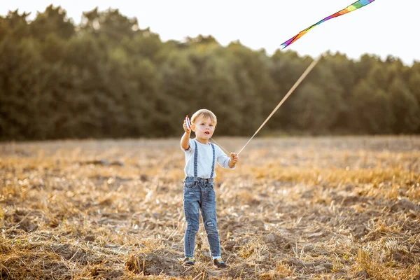 Jongen met vlieger op het veld — Stockfoto