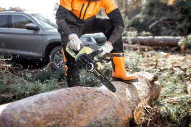 Oduncu ormanda ağaç kesiyor.